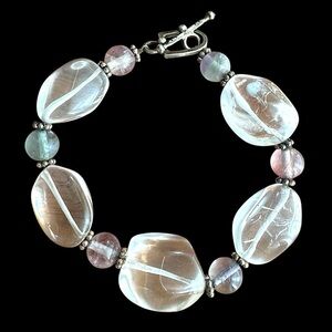 Vintage Rock Crystal Pink & Green Tourmaline Sterling Silver Bracelet